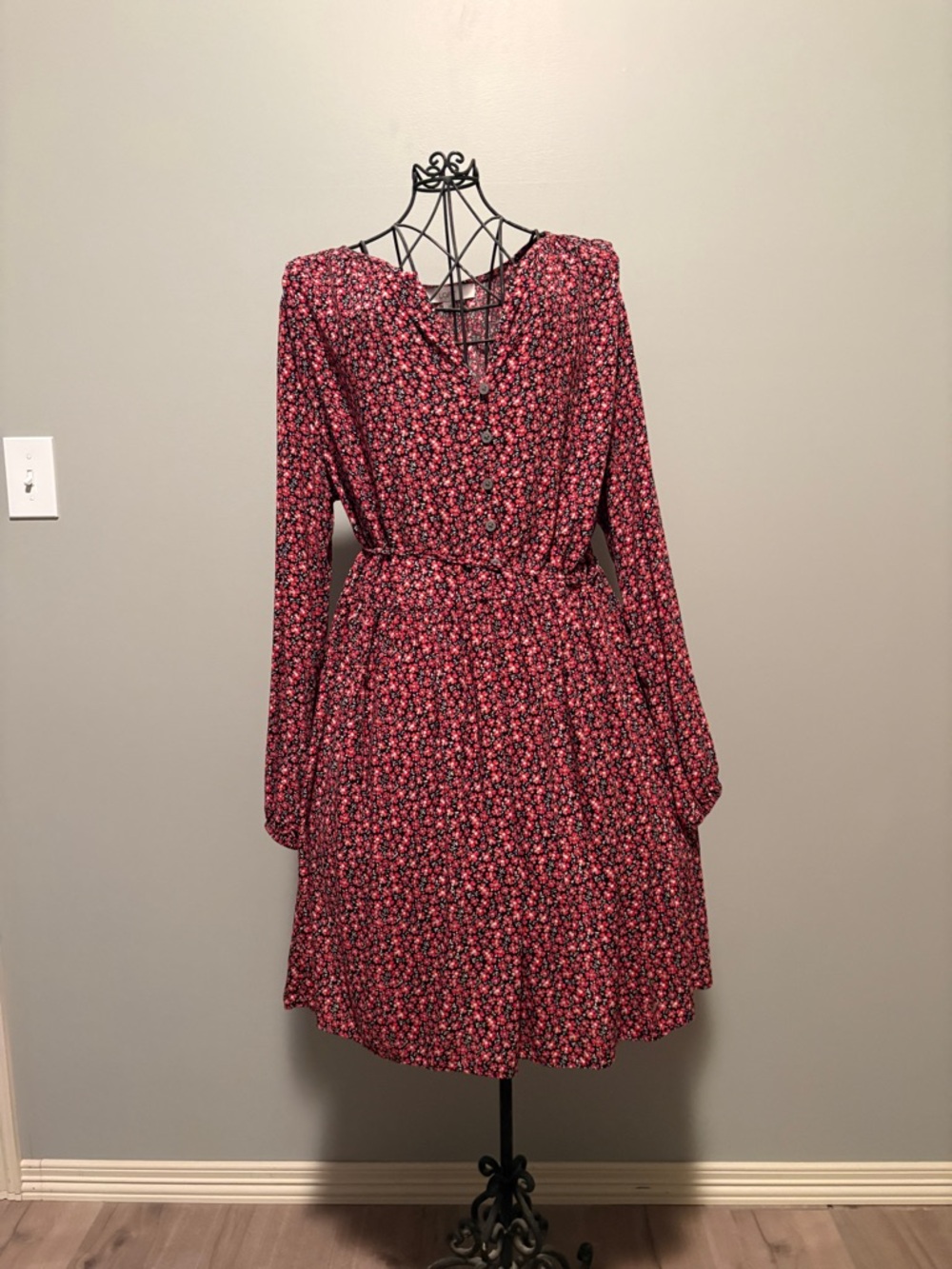 LOFT Red Floral Long-Sleeve Button-Front Dress